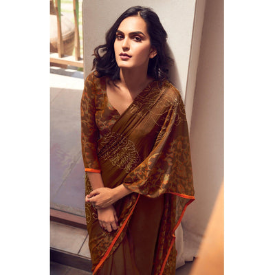 Brown Casual Wear Printed Velvet Chiffon Saree