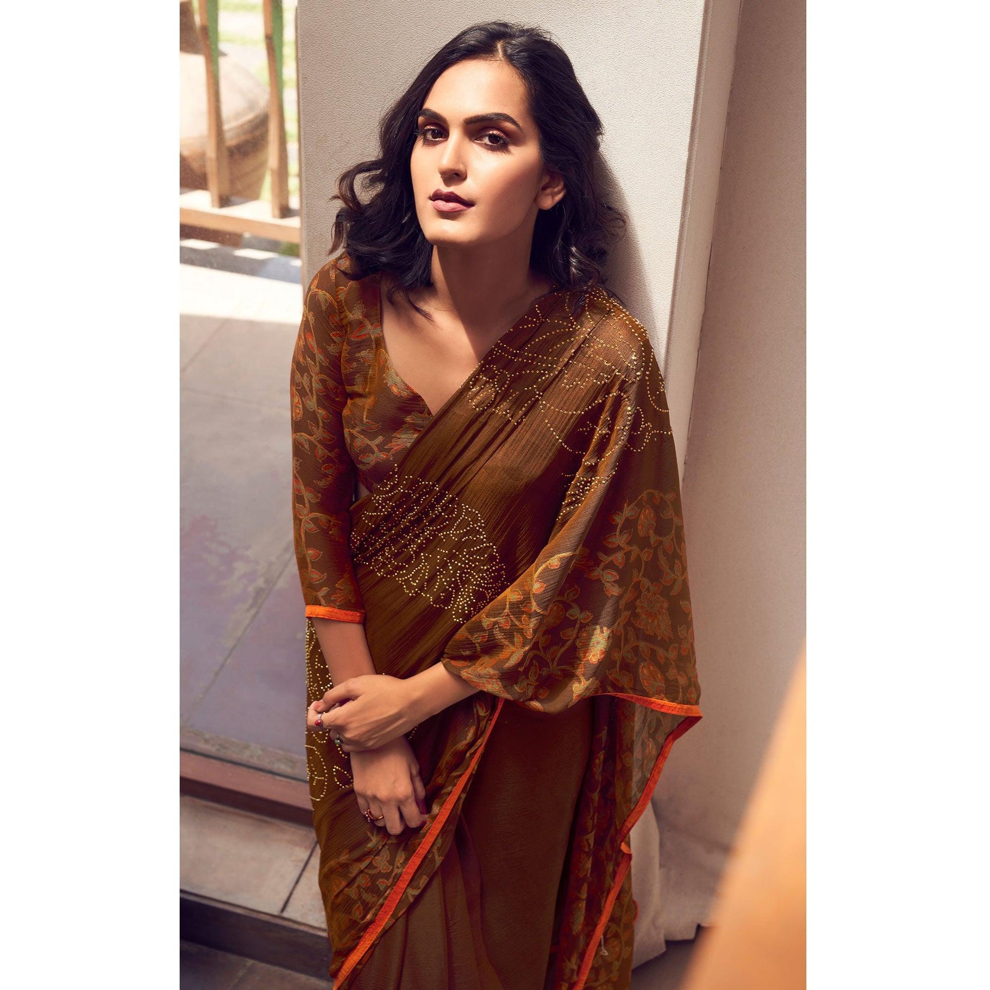 Brown Casual Wear Printed Velvet Chiffon Saree