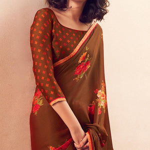 Brown Casual Wear Printed Velvet Chiffon Saree