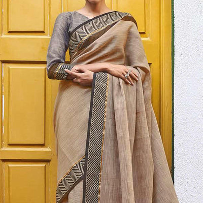 Brown Casual Wear Solid Linen Saree