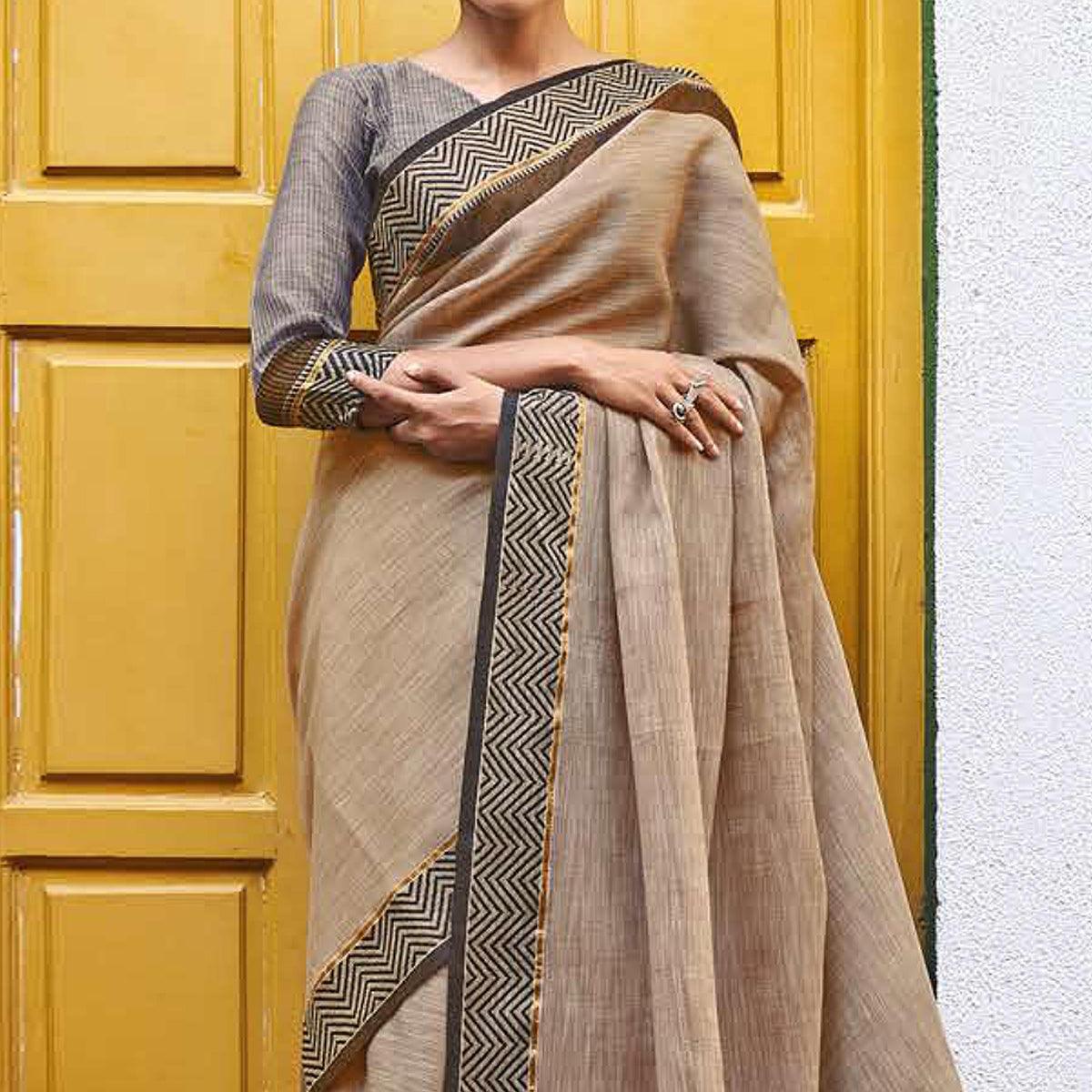 Brown Casual Wear Solid Linen Saree