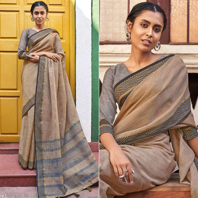 Brown Casual Wear Solid Linen Saree