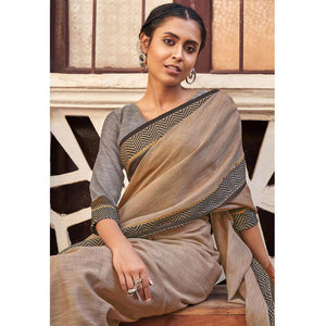 Brown Casual Wear Solid Linen Saree