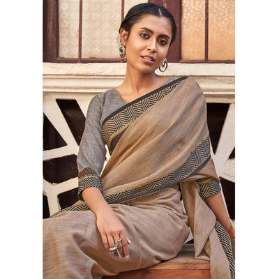 Brown Casual Wear Solid Linen Saree