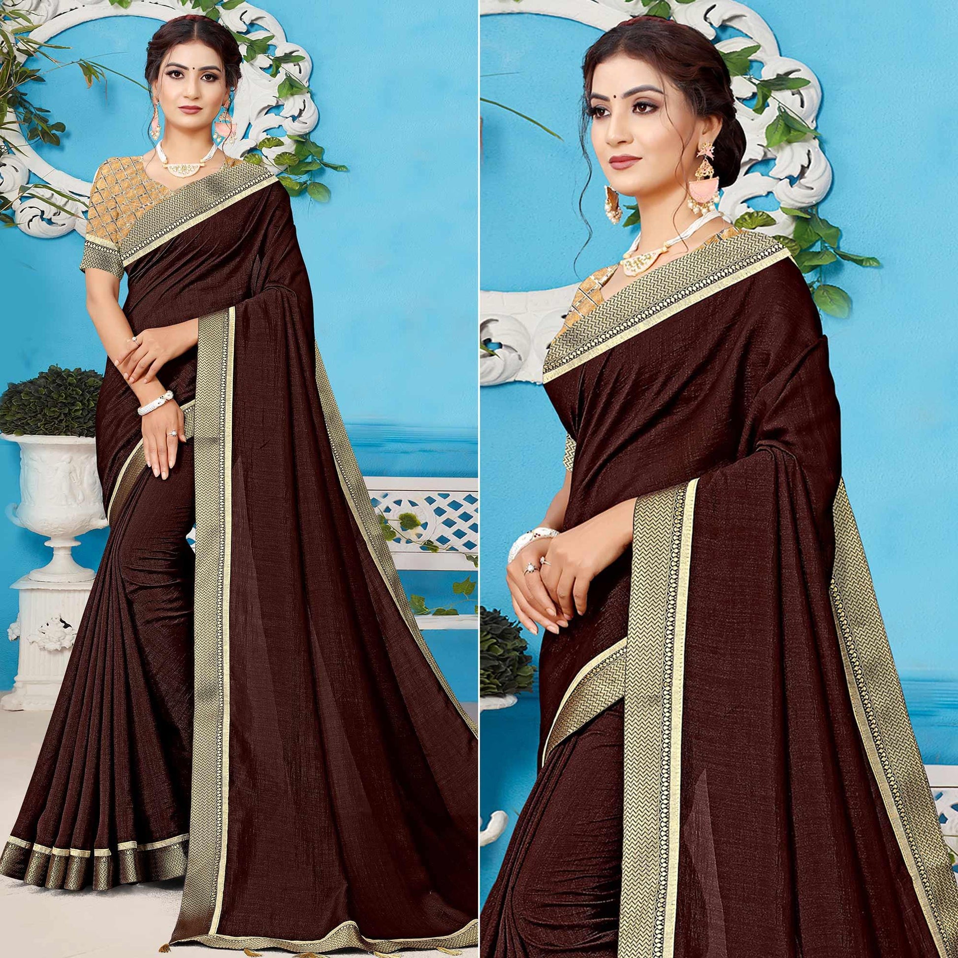 Brown Casual Wear Solid Silk Saree