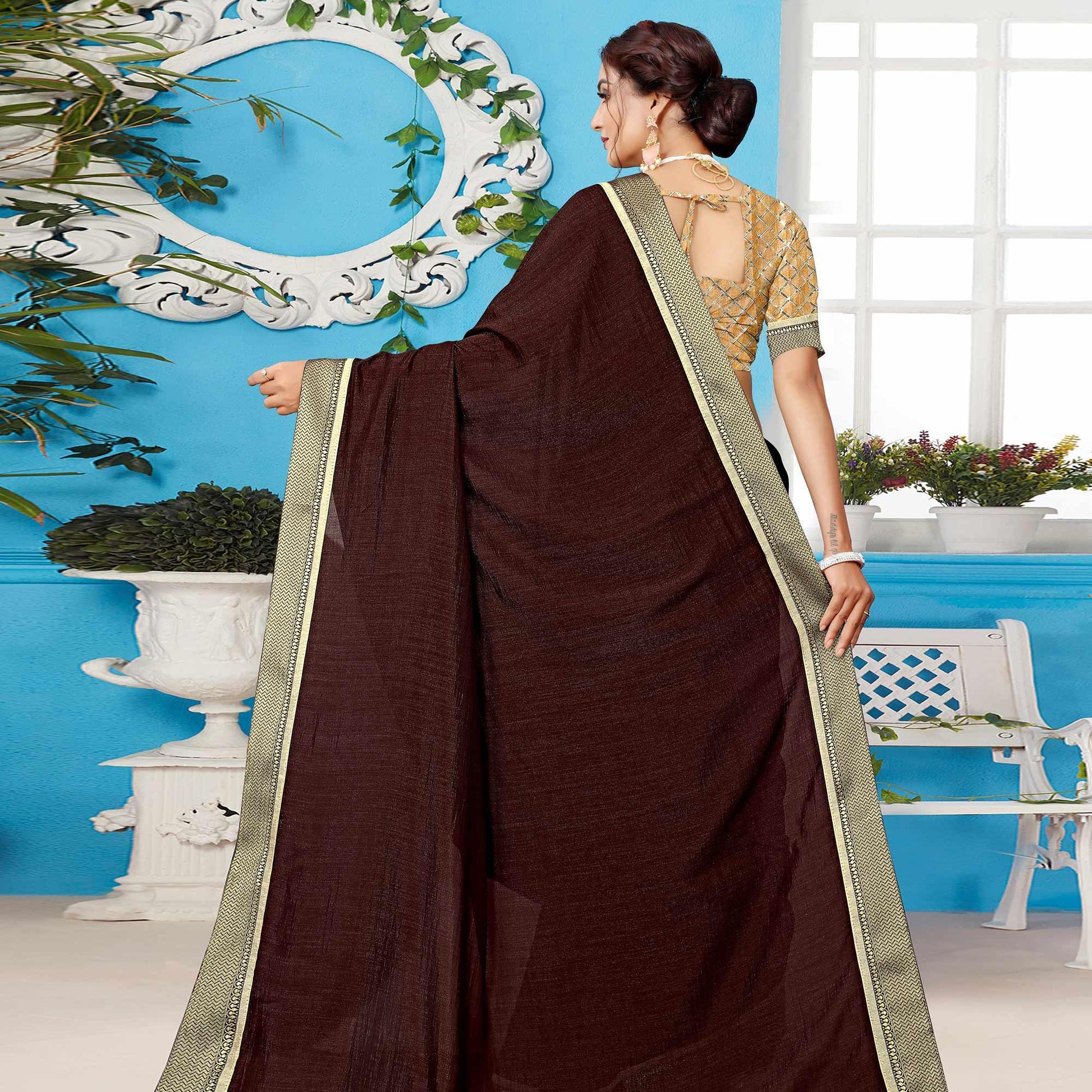 Brown Casual Wear Solid Silk Saree