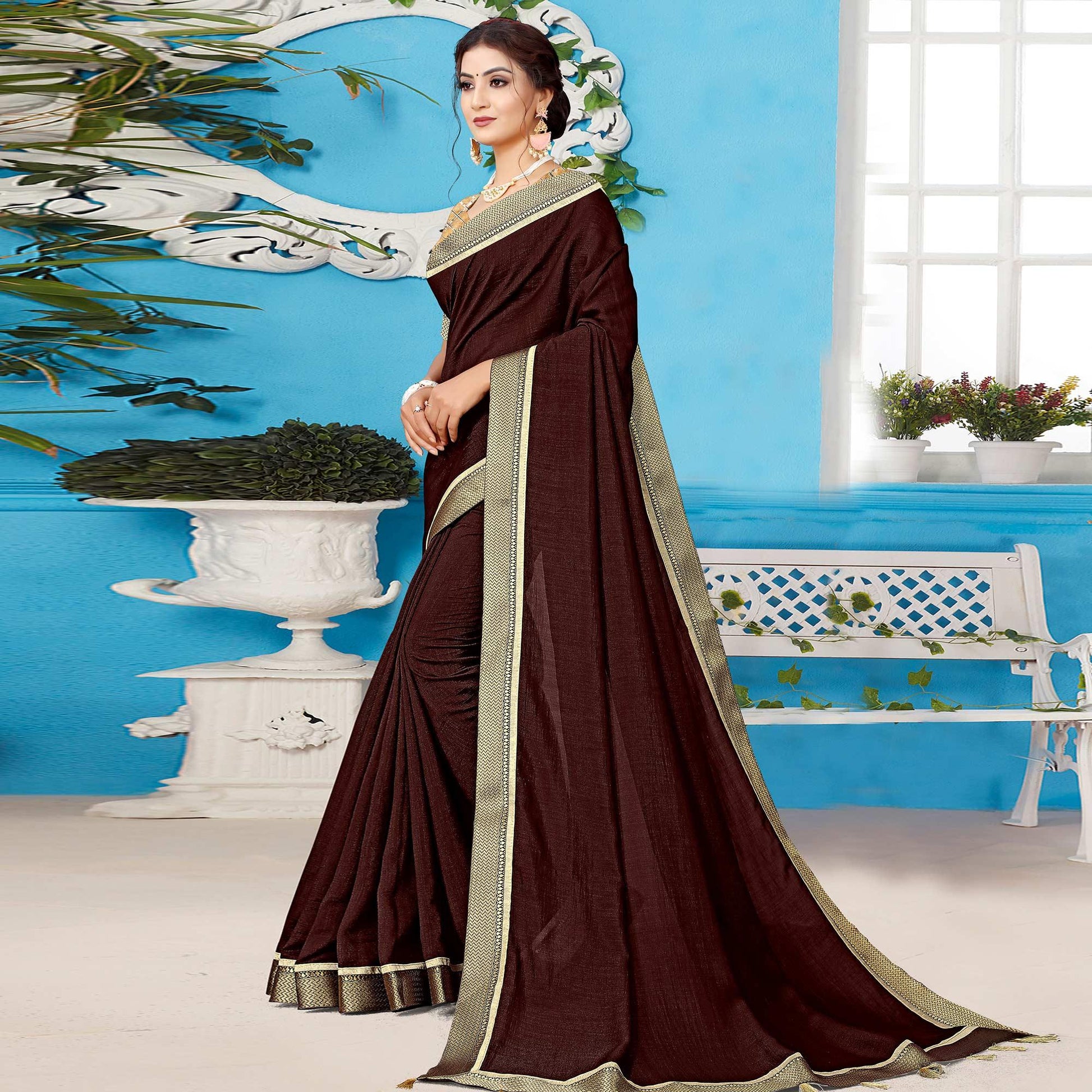 Brown Casual Wear Solid Silk Saree