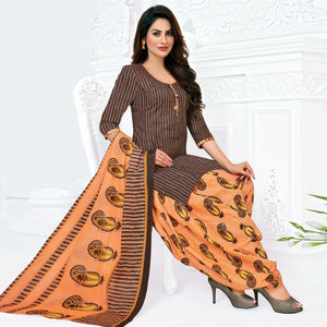 Brown Casual Wear Striped Printed Cotton Patiala Dress Material