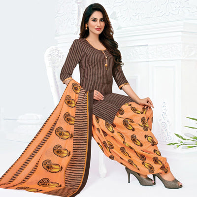 Brown Casual Wear Striped Printed Cotton Patiala Dress Material