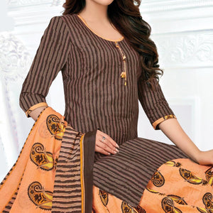 Brown Casual Wear Striped Printed Cotton Patiala Dress Material