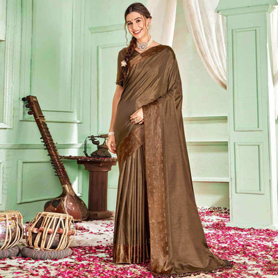 Brown Casual Wear Sworski Work Dola Silk Saree