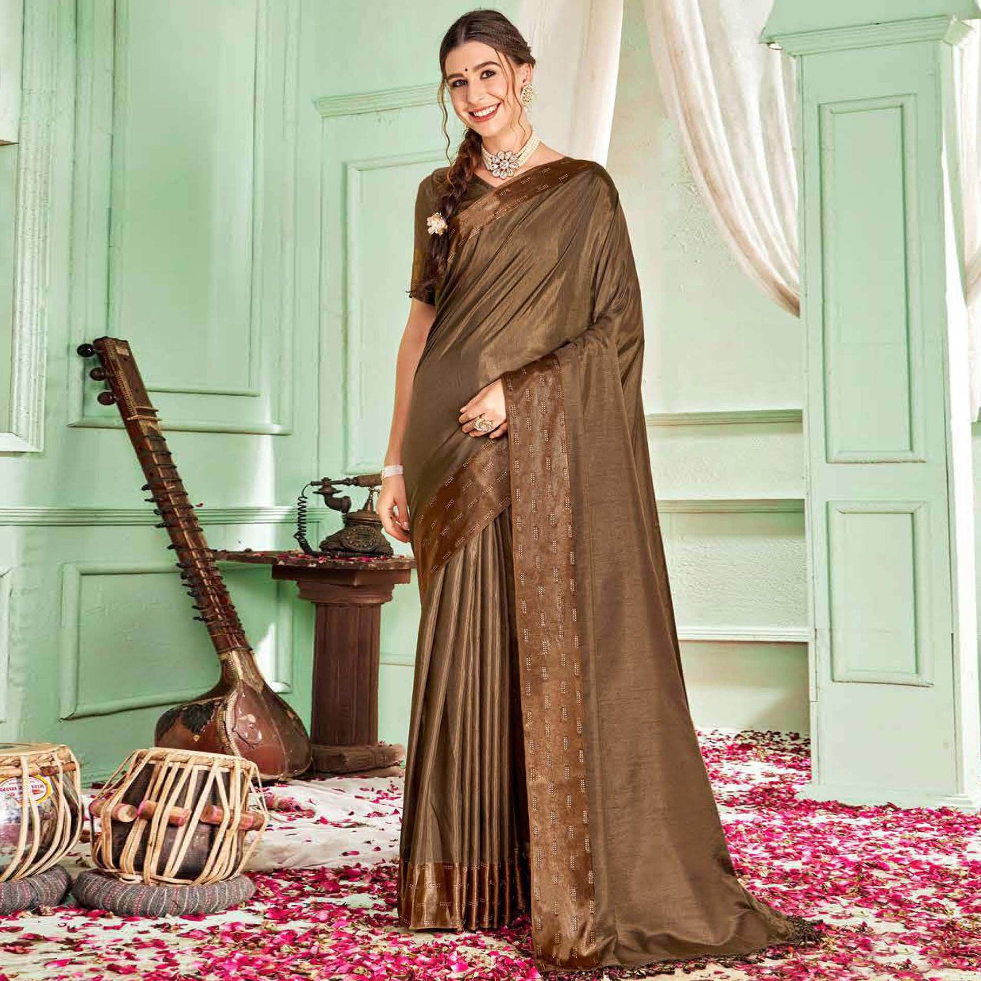 Brown Casual Wear Sworski Work Dola Silk Saree
