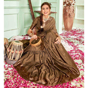 Brown Casual Wear Sworski Work Dola Silk Saree