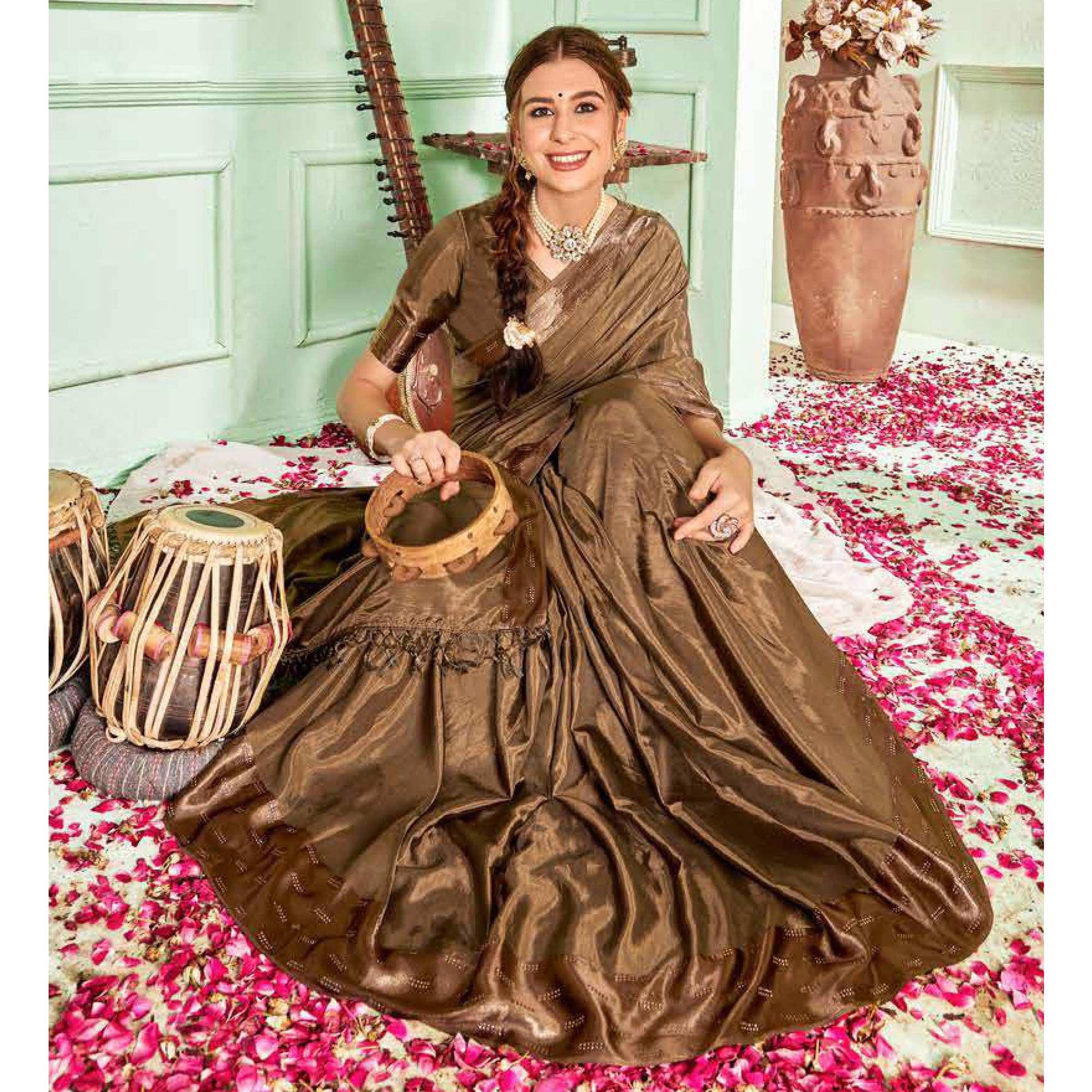 Brown Casual Wear Sworski Work Dola Silk Saree