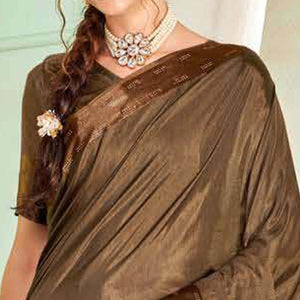 Brown Casual Wear Sworski Work Dola Silk Saree