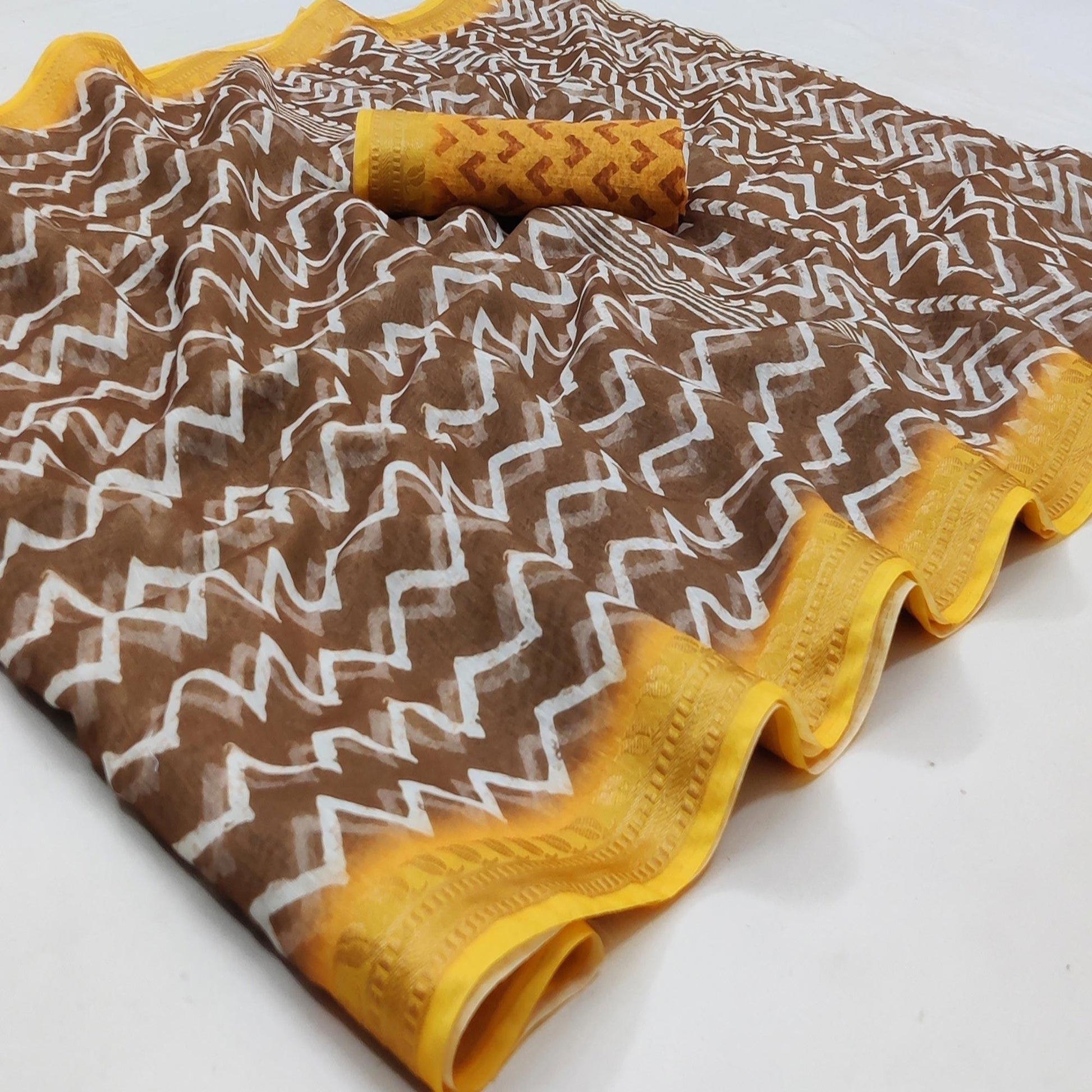 Brown Casual Wear Zigzag Digital Printed Linen Saree