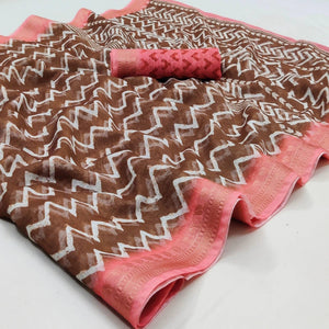 Brown Casual Wear Zigzag Digital Printed Linen Saree