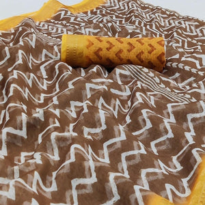 Brown Casual Wear Zigzag Digital Printed Linen Saree