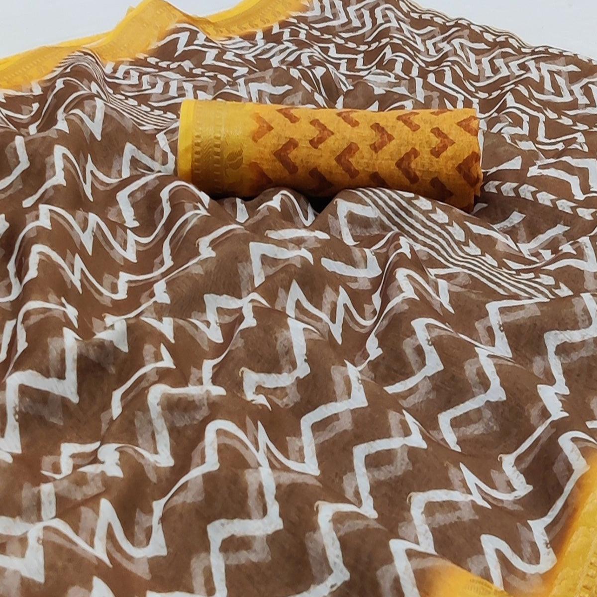Brown Casual Wear Zigzag Digital Printed Linen Saree