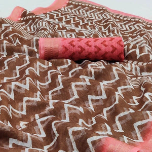 Brown Casual Wear Zigzag Digital Printed Linen Saree