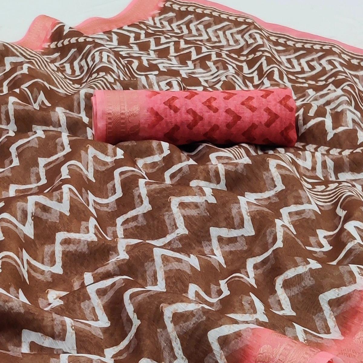 Brown Casual Wear Zigzag Digital Printed Linen Saree
