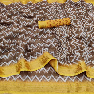Brown Casual Wear Zigzag Digital Printed Linen Saree
