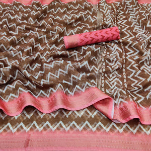 Brown Casual Wear Zigzag Digital Printed Linen Saree