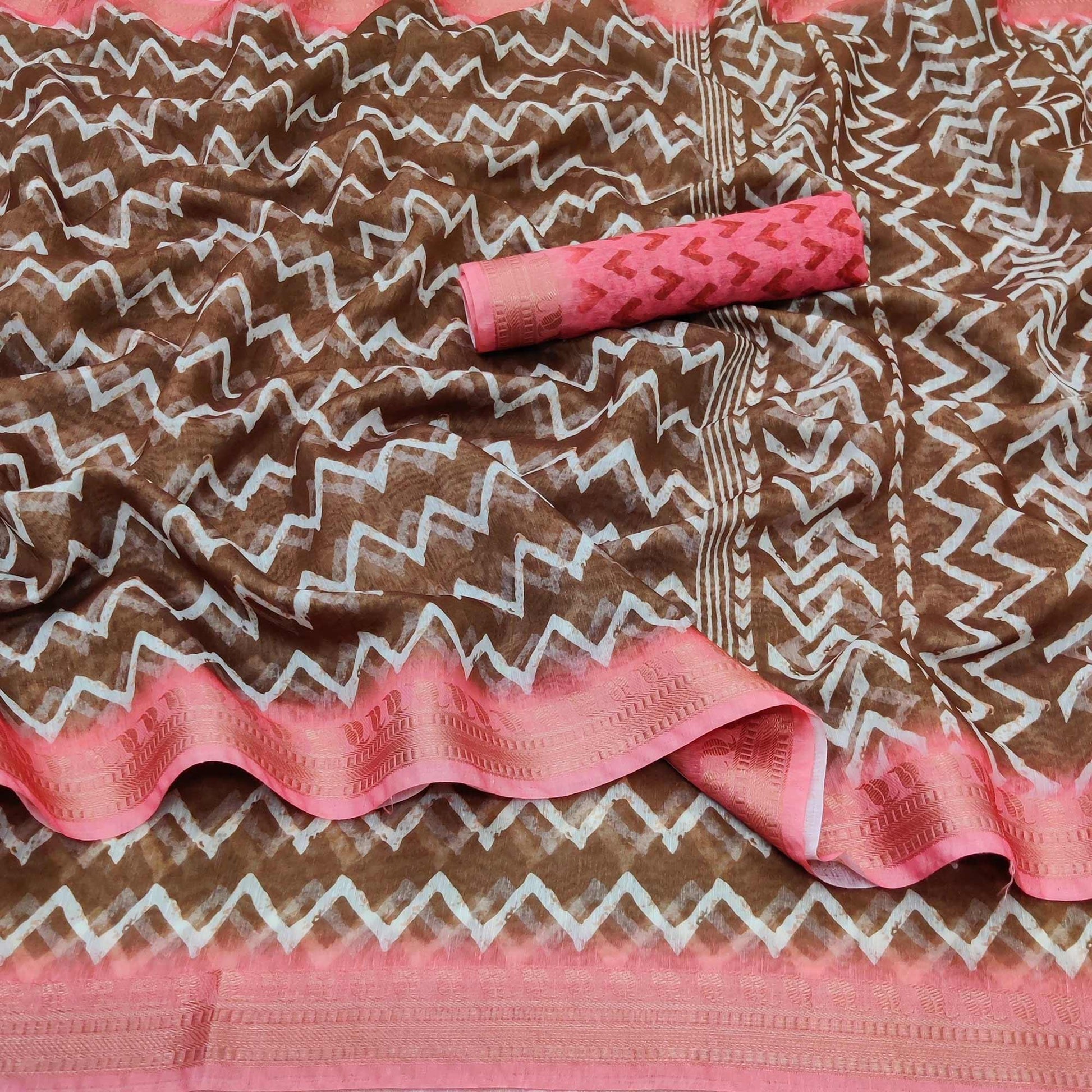 Brown Casual Wear Zigzag Digital Printed Linen Saree