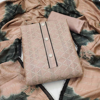 Brown Checks Printed Chanderi Dress Material