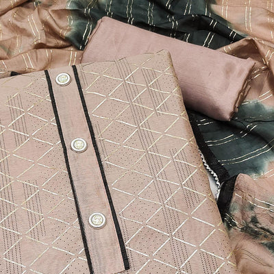 Brown Checks Printed Chanderi Dress Material