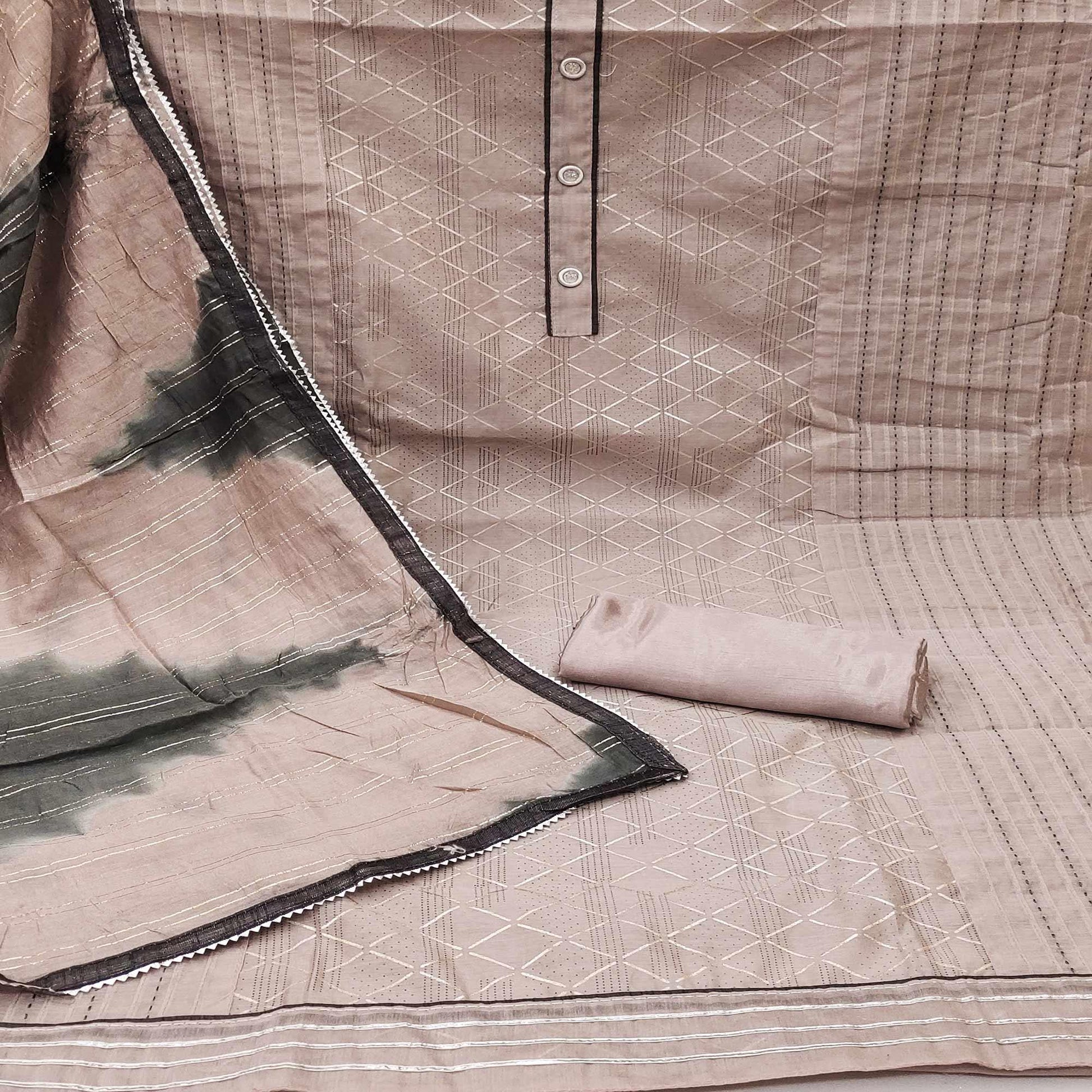 Brown Checks Printed Chanderi Dress Material