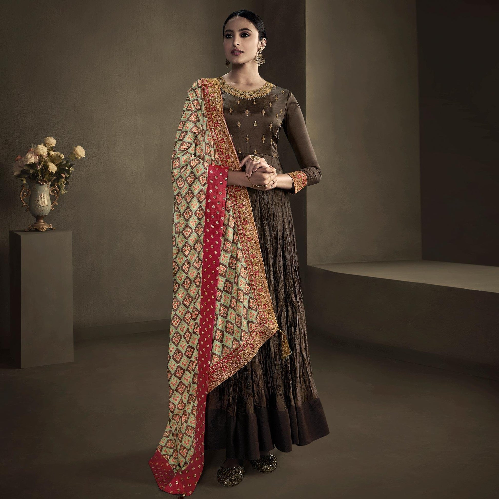 Brown Cording With Sequins Embroidery Partywear Georgette Suit
