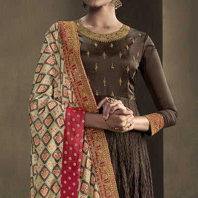 Brown Cording With Sequins Embroidery Partywear Georgette Suit
