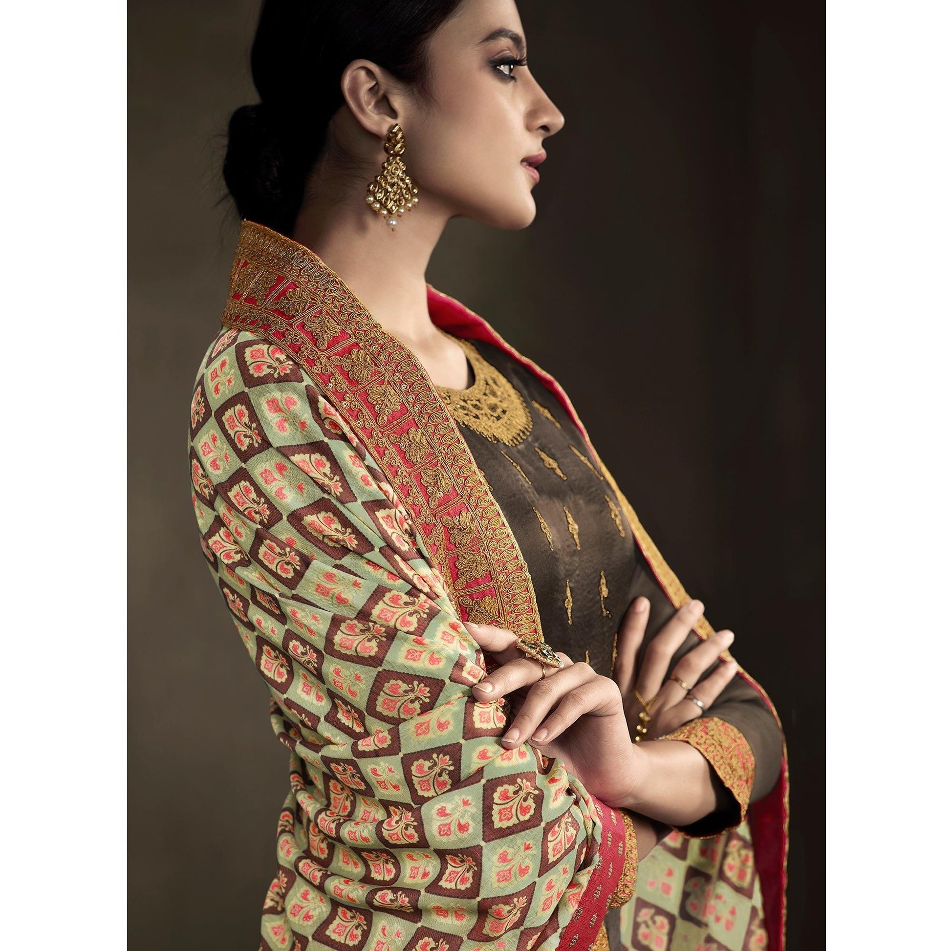 Brown Cording With Sequins Embroidery Partywear Georgette Suit