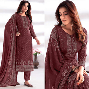 Brown Digital Printed & Hand Work Cotton Silk Suit