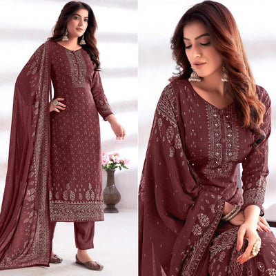Brown Digital Printed & Hand Work Cotton Silk Suit