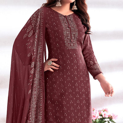 Brown Digital Printed & Hand Work Cotton Silk Suit