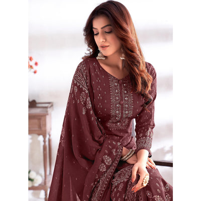 Brown Digital Printed & Hand Work Cotton Silk Suit
