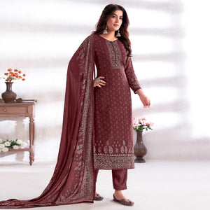 Brown Digital Printed & Hand Work Cotton Silk Suit