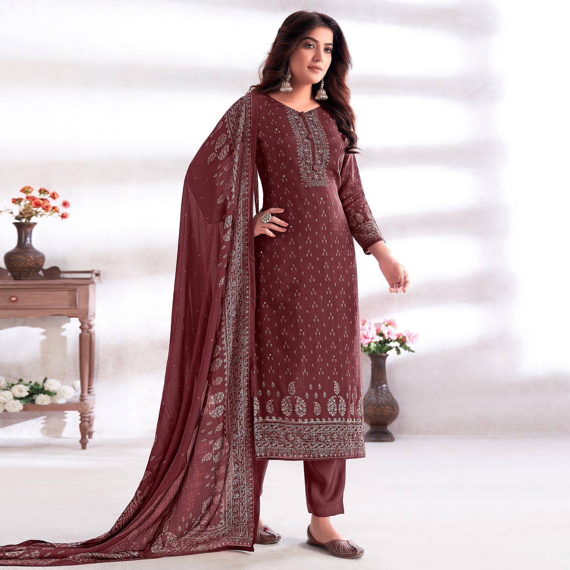 Brown Digital Printed & Hand Work Cotton Silk Suit