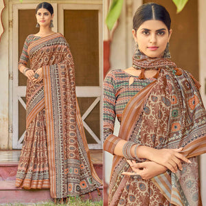 Brown Digital Printed Art Silk Saree