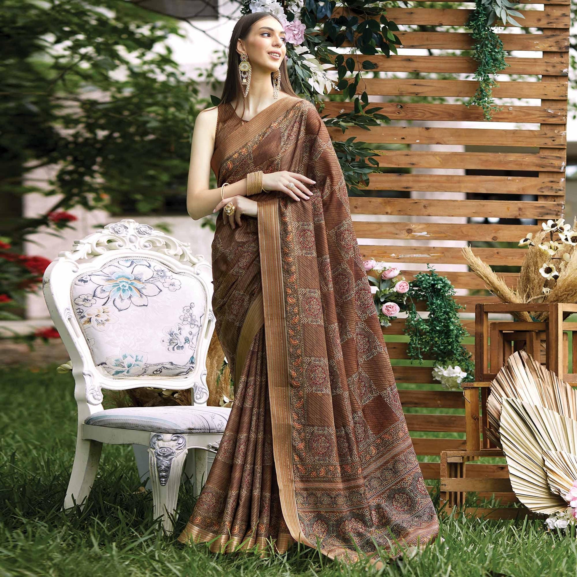 Brown Digital Printed Art Silk Saree