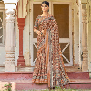 Brown Digital Printed Art Silk Saree