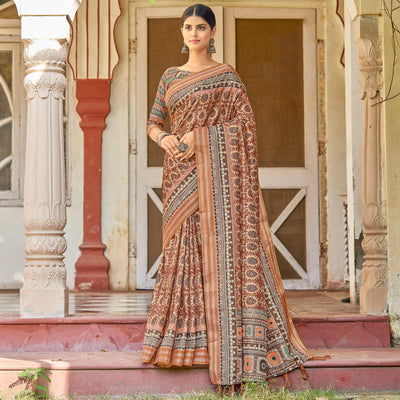 Brown Digital Printed Art Silk Saree