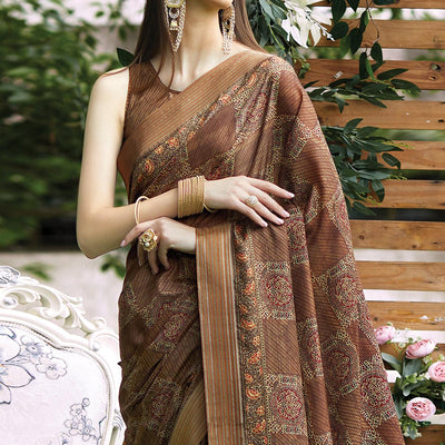 Brown Digital Printed Art Silk Saree