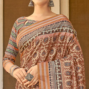 Brown Digital Printed Art Silk Saree