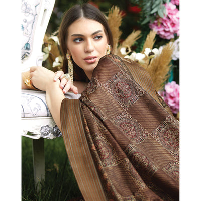 Brown Digital Printed Art Silk Saree