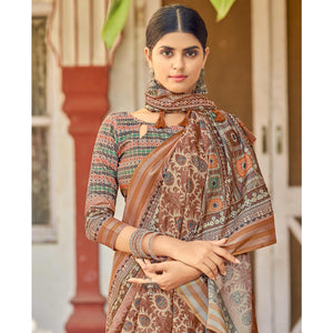 Brown Digital Printed Art Silk Saree