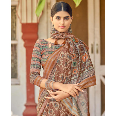 Brown Digital Printed Art Silk Saree
