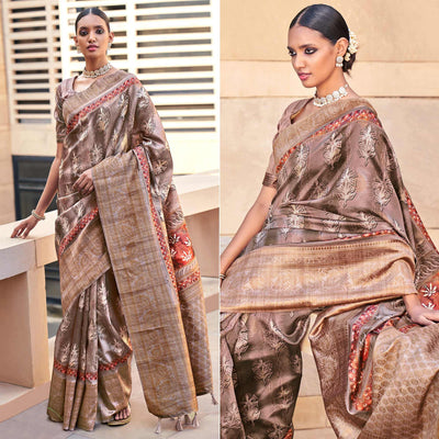 Brown Digital Printed Art Silk Saree With Tassels